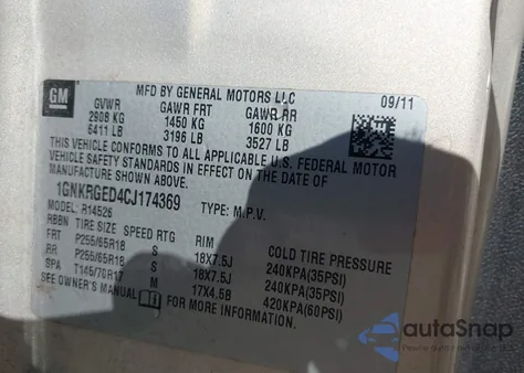 2012 Chevrolet Traverse 1Lt z USA, uszkodzony, nr VIN 1GNKRGED4CJ174369